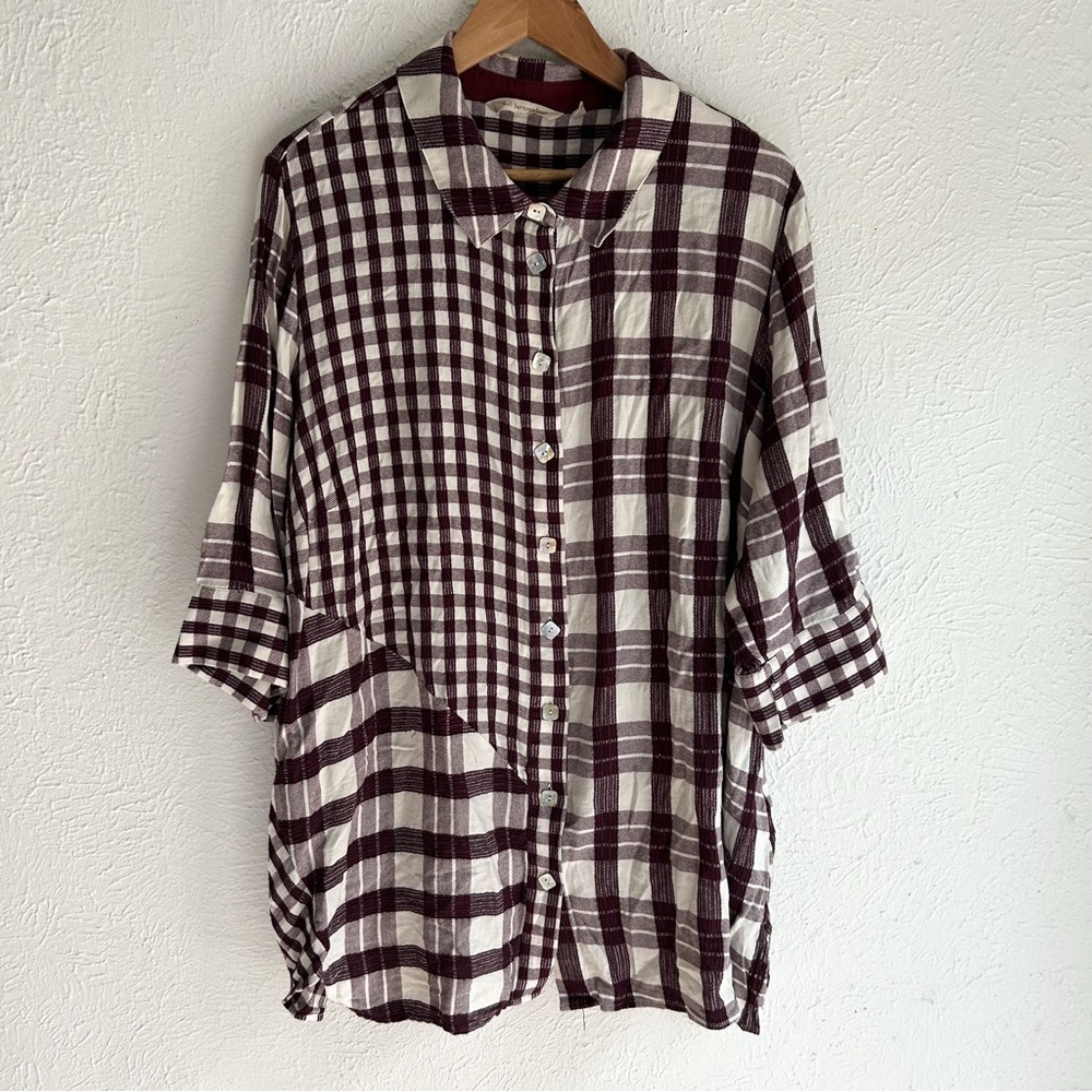 Soft Surroundings Huntleigh Top – Burgundy Plaid Patchwork Button Front Size 2X